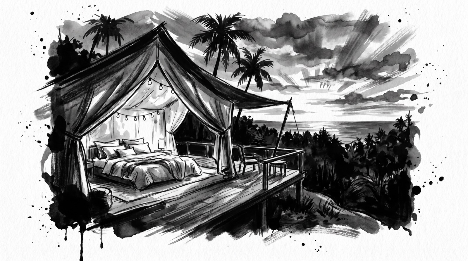 Ink illustration of a glamping tent at sunset