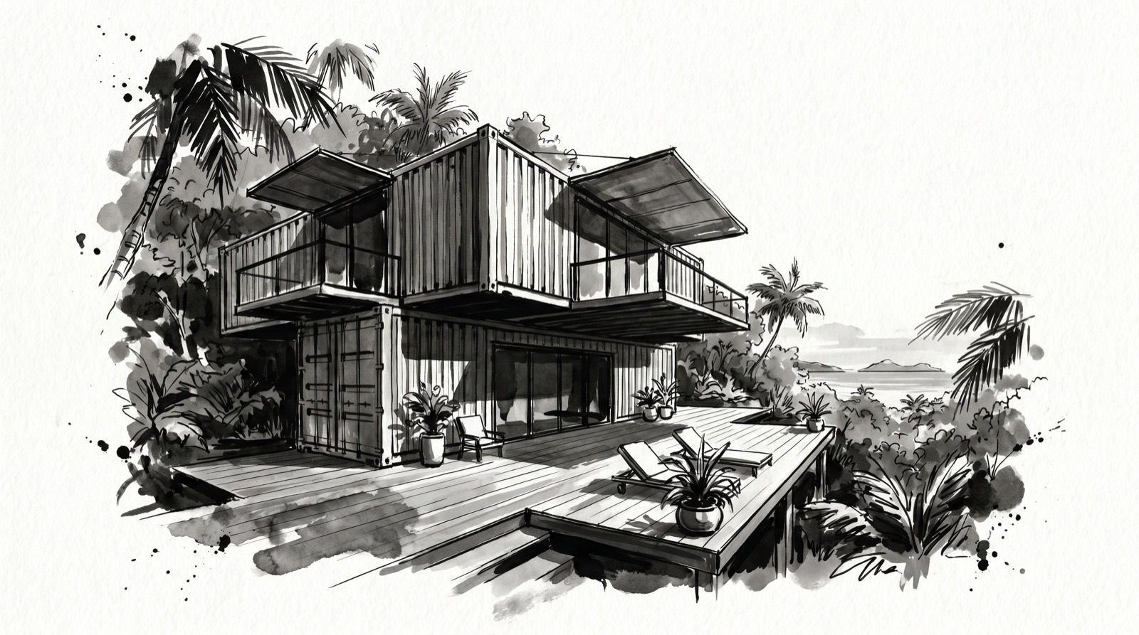 Ink illustration of a modern container home