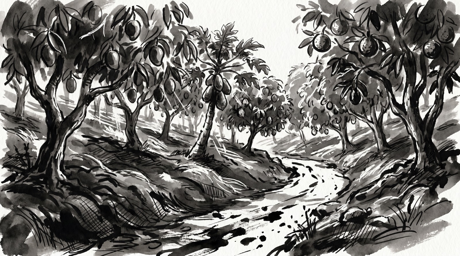 Ink illustration of a fruit orchard