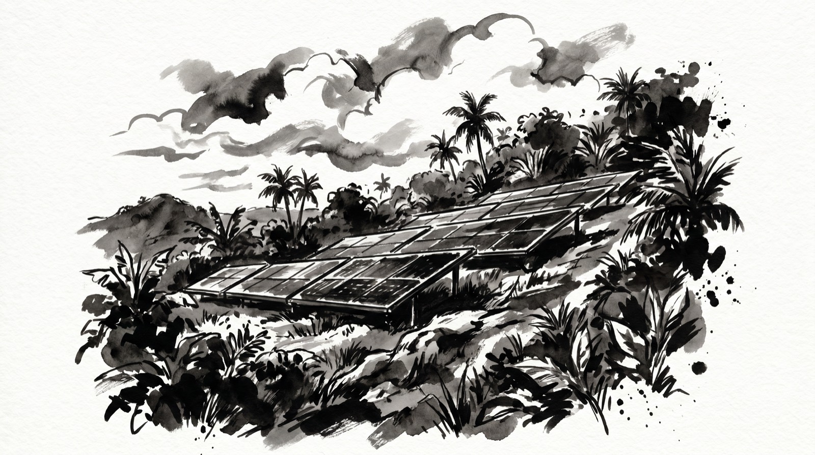 Ink illustration of a solar farm
